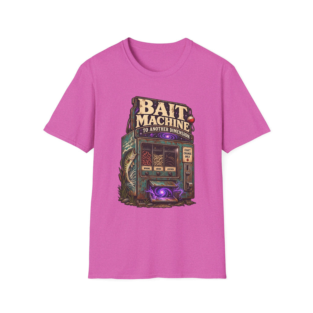 Bait Machine to Another Dimension graphic with glowing purple vending-machine portal on a T-shirt