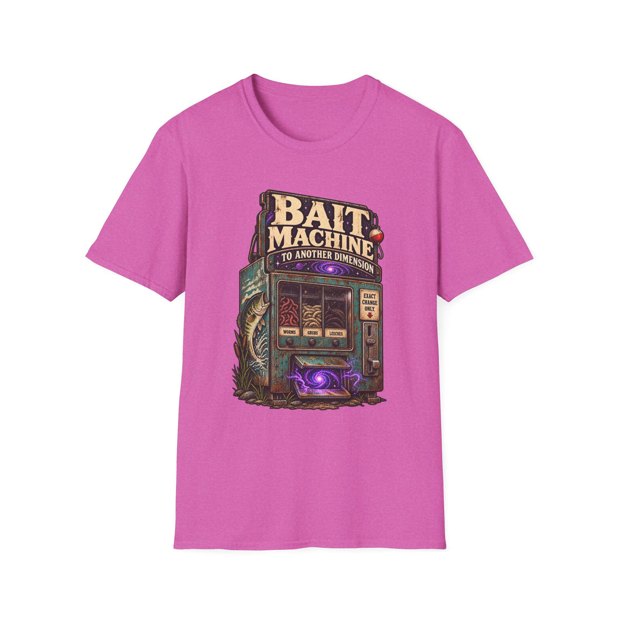 Bait Machine to Another Dimension graphic with glowing purple vending-machine portal on a T-shirt