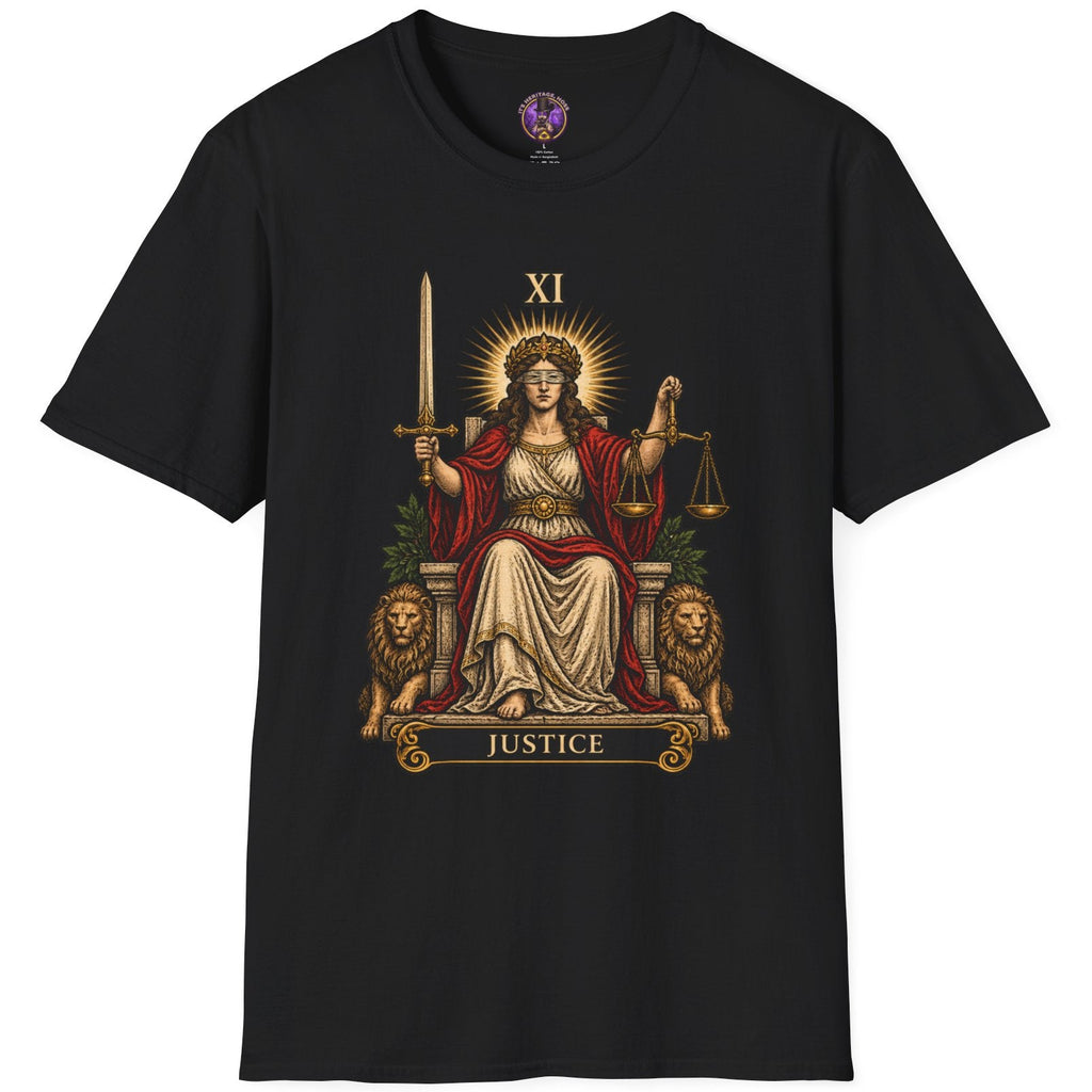 Crowned Justice tarot figure with sword, scales and lion details on a graphic T-shirt