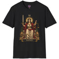 Crowned Justice tarot figure with sword, scales and lion details on a graphic T-shirt