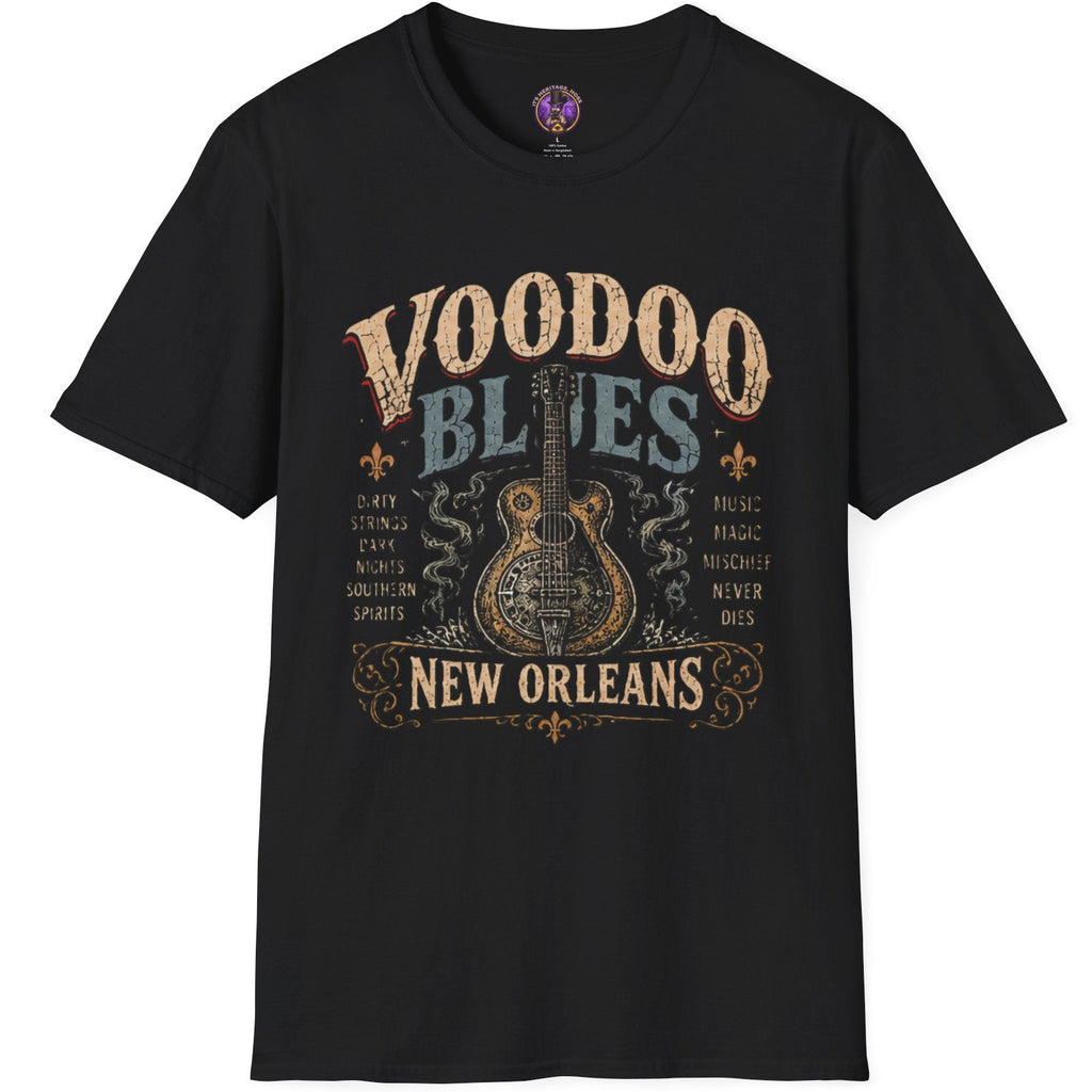 Vintage guitar graphic and weathered Voodoo Blues lettering on a T-shirt