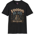 Vintage guitar graphic and weathered Voodoo Blues lettering on a T-shirt