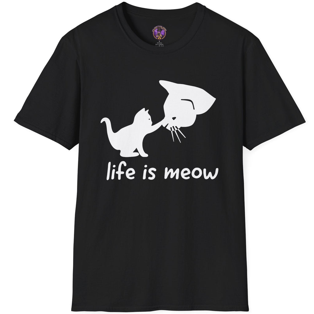 Small cat touching noses with a larger cat face under Life Is Meow lettering on a black T-shirt