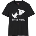 Small cat touching noses with a larger cat face under Life Is Meow lettering on a black T-shirt