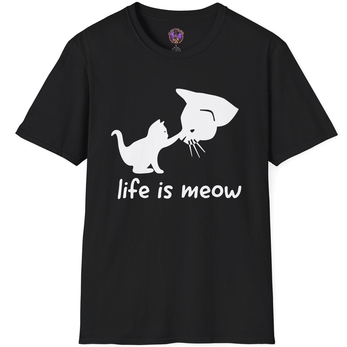 Small cat touching noses with a larger cat face under Life Is Meow lettering on a black T-shirt