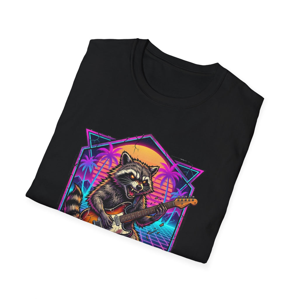 Folded Raccoon Playing Electric Guitar T-Shirt showing its front graphic.