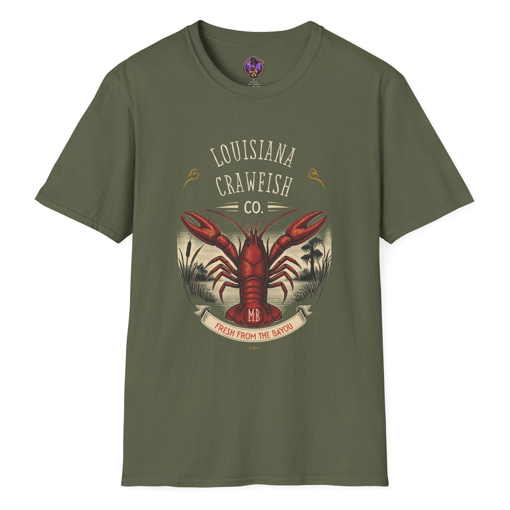 Louisiana Crawfish Co T-shirt graphic with large red crawfish, vintage bayou landscape, cypress trees and Fresh From the Bayou banner