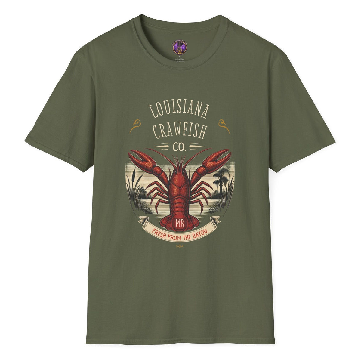 Louisiana Crawfish Co T-shirt graphic with large red crawfish, vintage bayou landscape, cypress trees and Fresh From the Bayou banner