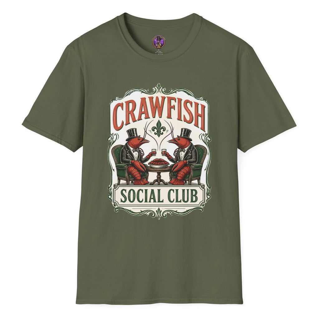 Crawfish Social Club vintage T-shirt graphic with two dapper crawfish in top hats seated at a table with ornate Louisiana-style lettering