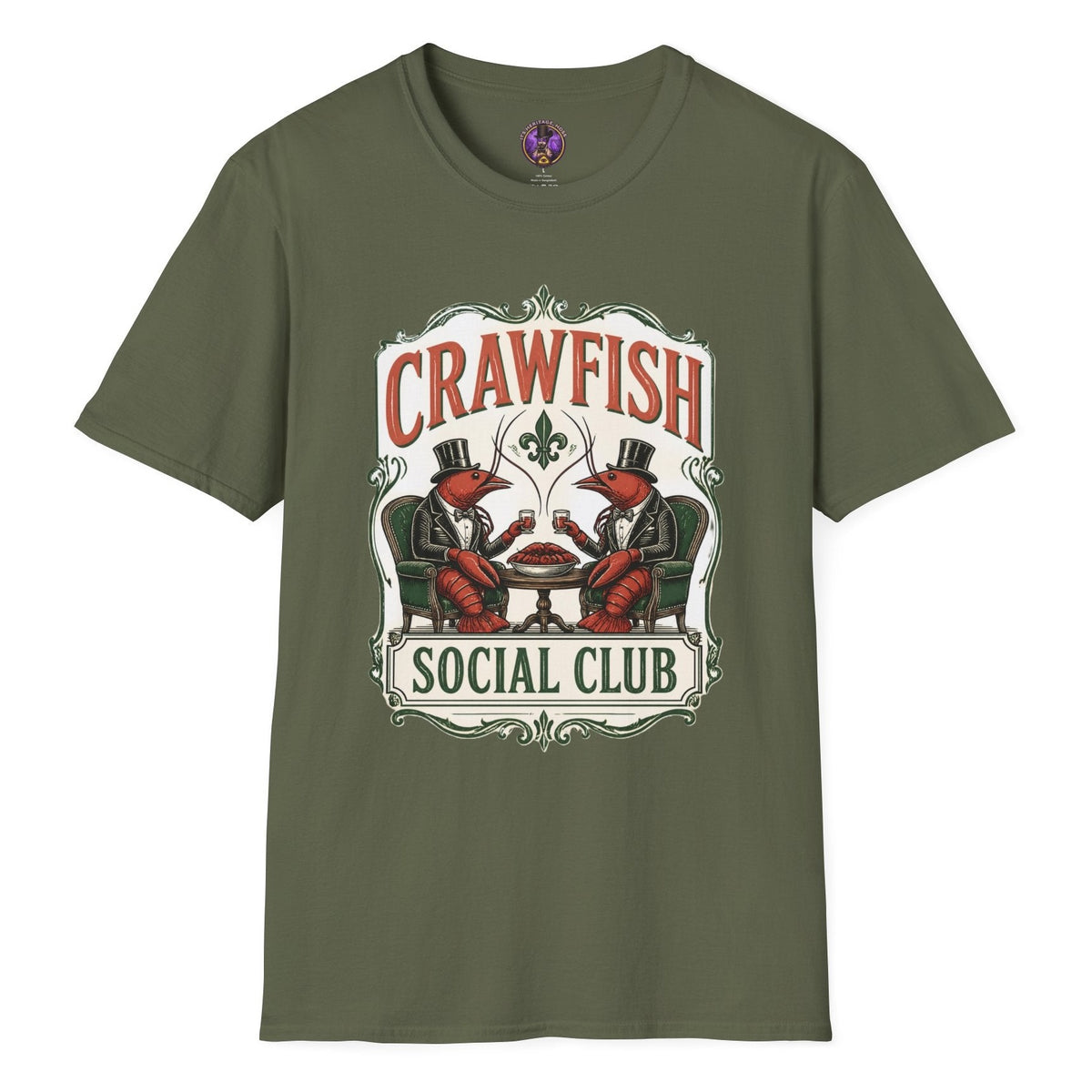 Crawfish Social Club vintage T-shirt graphic with two dapper crawfish in top hats seated at a table with ornate Louisiana-style lettering