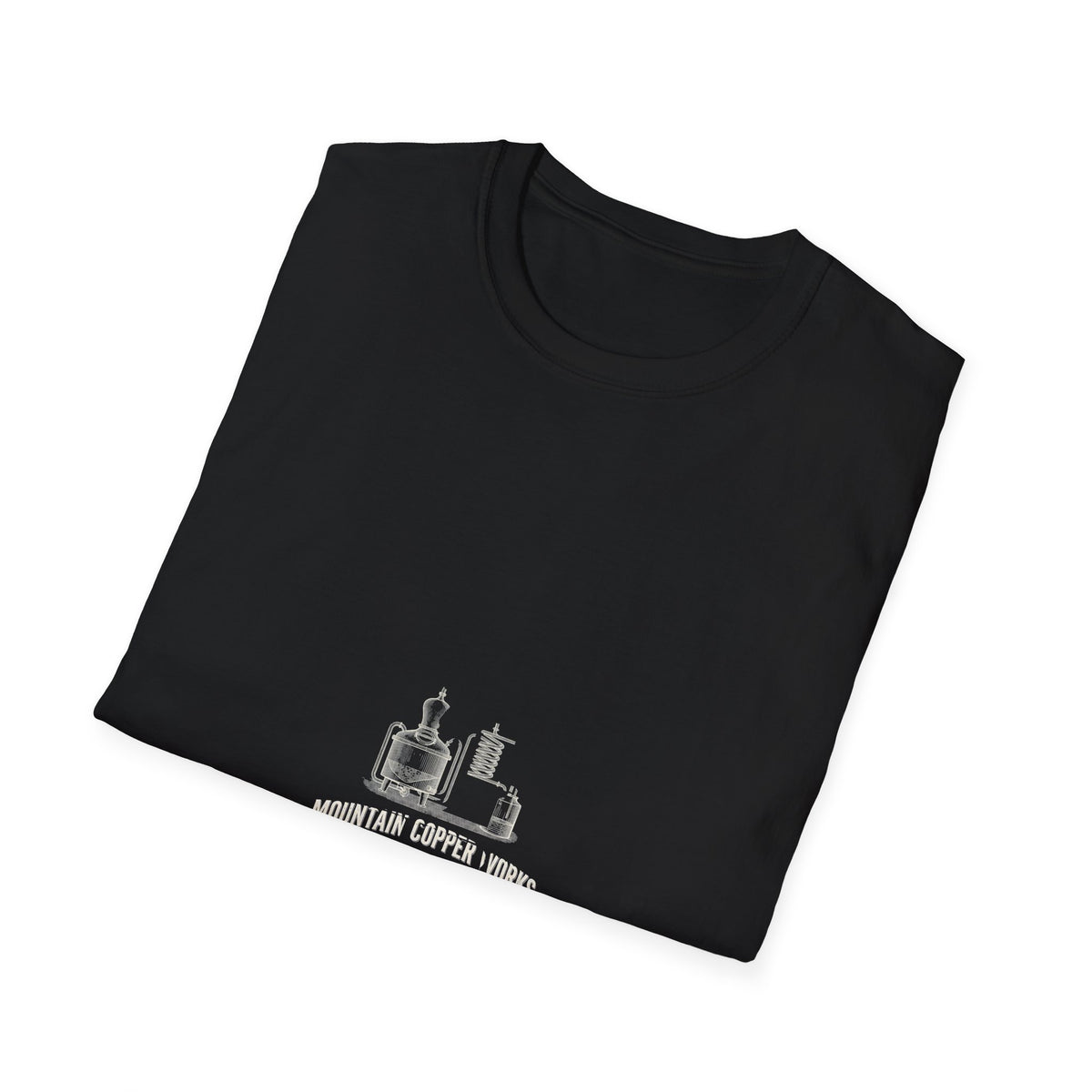 Mountain Copper Works graphic featuring technical illustration of a copper still with vintage distressed lettering.