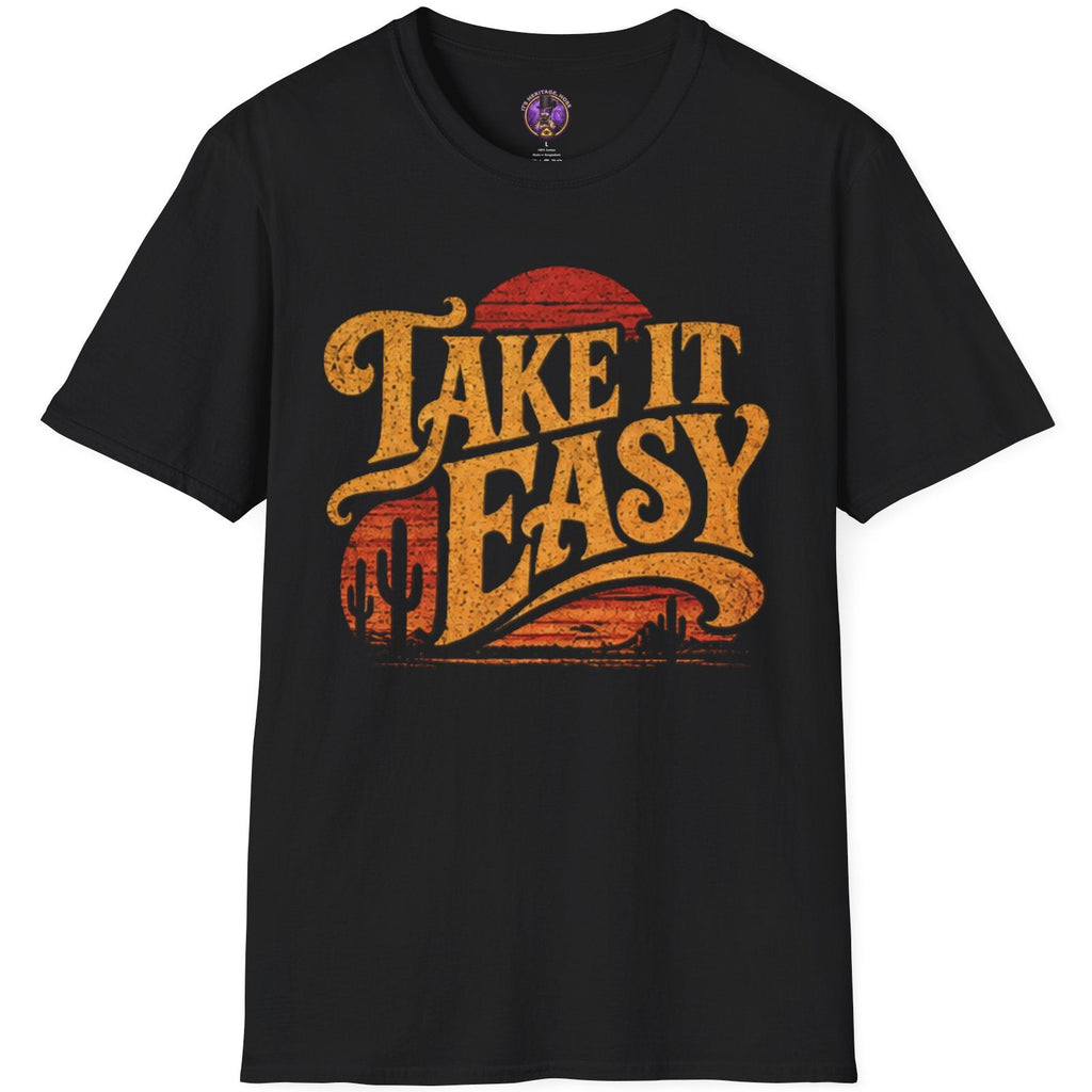 Take It Easy graphic with vintage 1970s-style typography and a warm retro desert sunset landscape.