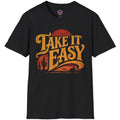 Take It Easy graphic with vintage 1970s-style typography and a warm retro desert sunset landscape.