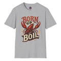Born to Boil retro crawfish T-shirt graphic with large red crawfish, bold vintage lettering and flame accents
