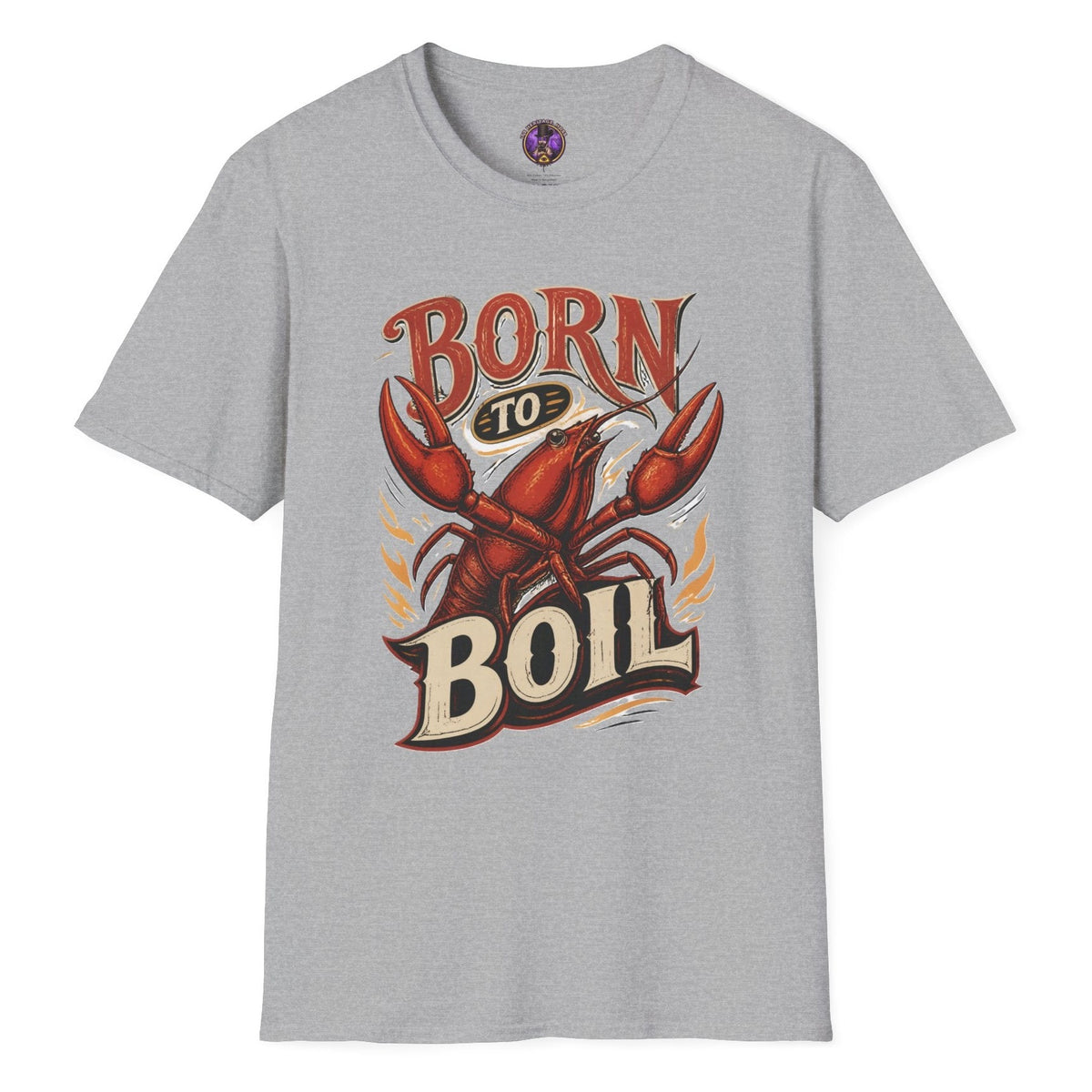 Born to Boil retro crawfish T-shirt graphic with large red crawfish, bold vintage lettering and flame accents