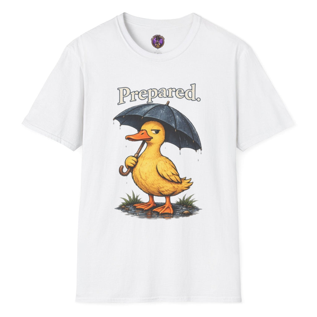 Yellow duck holding a black umbrella with Prepared lettering on a T-shirt