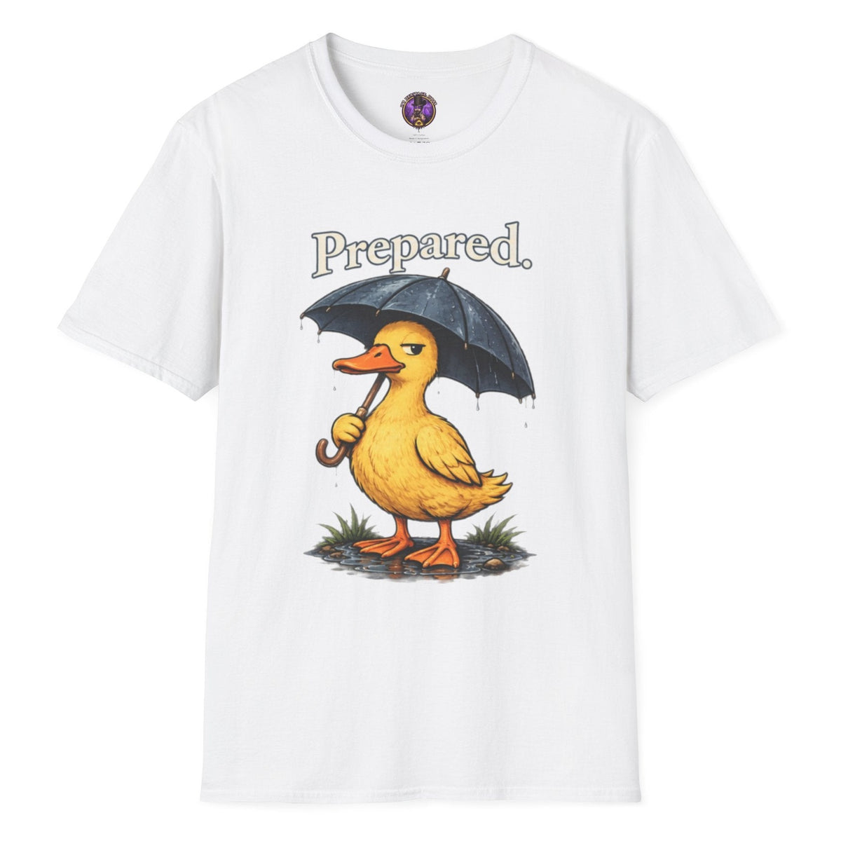 Yellow duck holding a black umbrella with Prepared lettering on a T-shirt