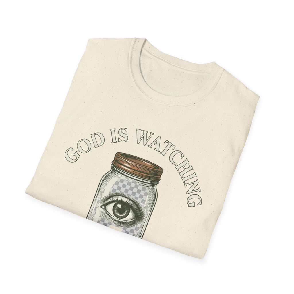 Folded God Is Watching T-Shirt showing its front graphic.