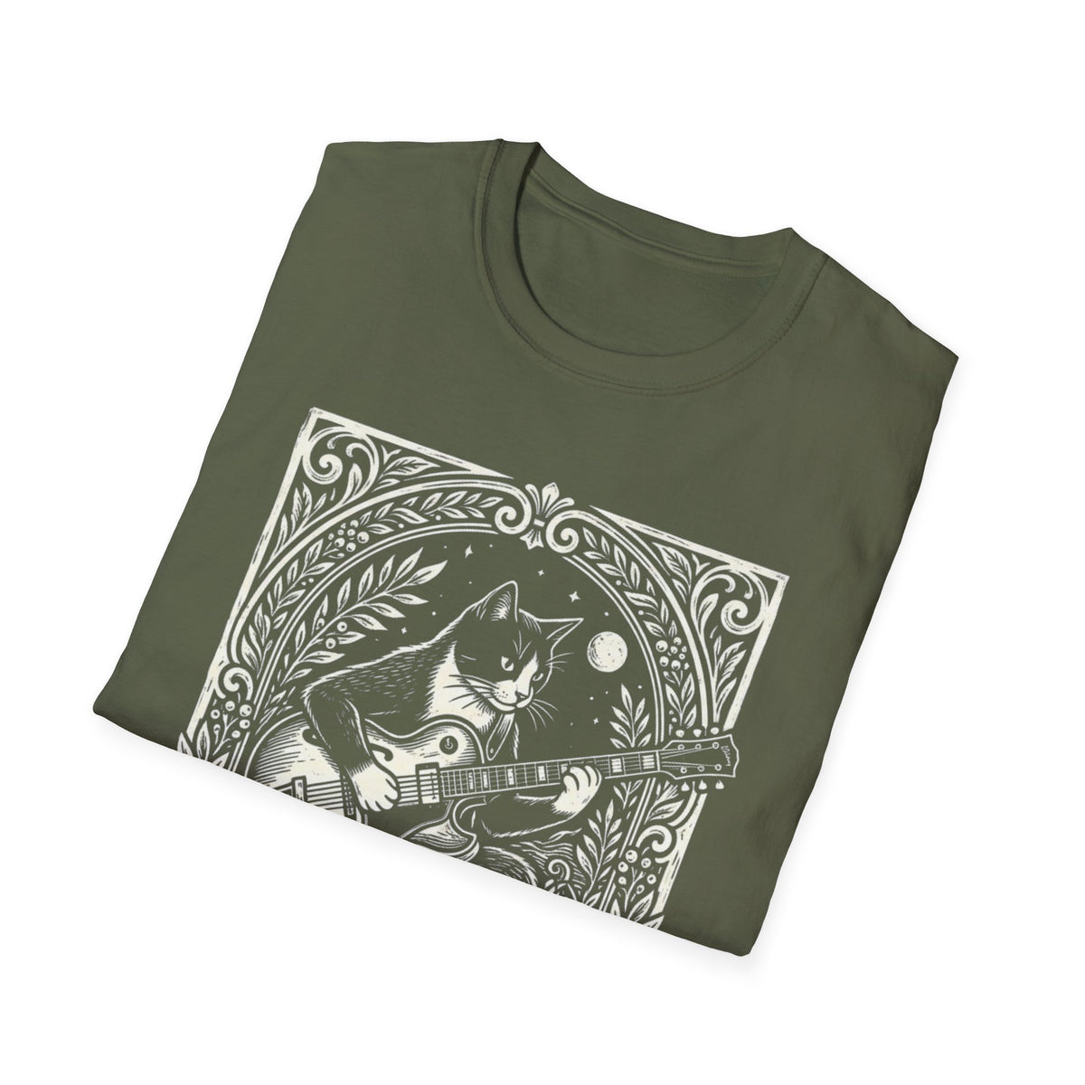 Folded The Jazzy Jawns Guitar Cat T-Shirt showing its front graphic.