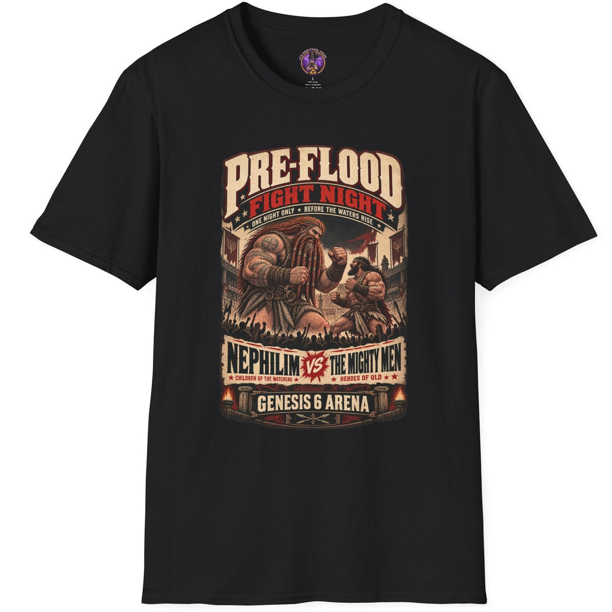 Pre-Flood Fight Night graphic featuring a Nephilim fighting a Mighty Man in a vintage Genesis 6 arena fight poster