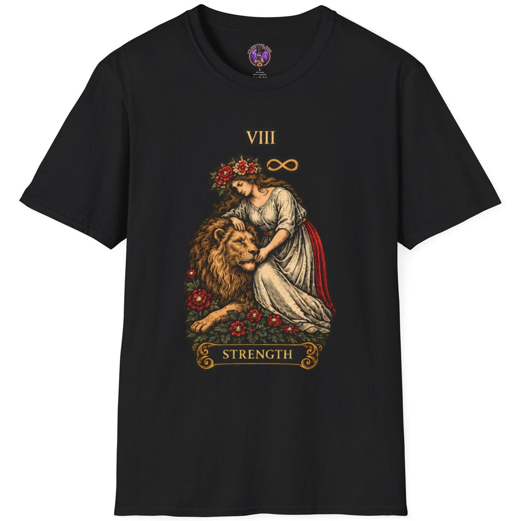Woman with lion, infinity symbol and VIII numeral in Strength tarot artwork