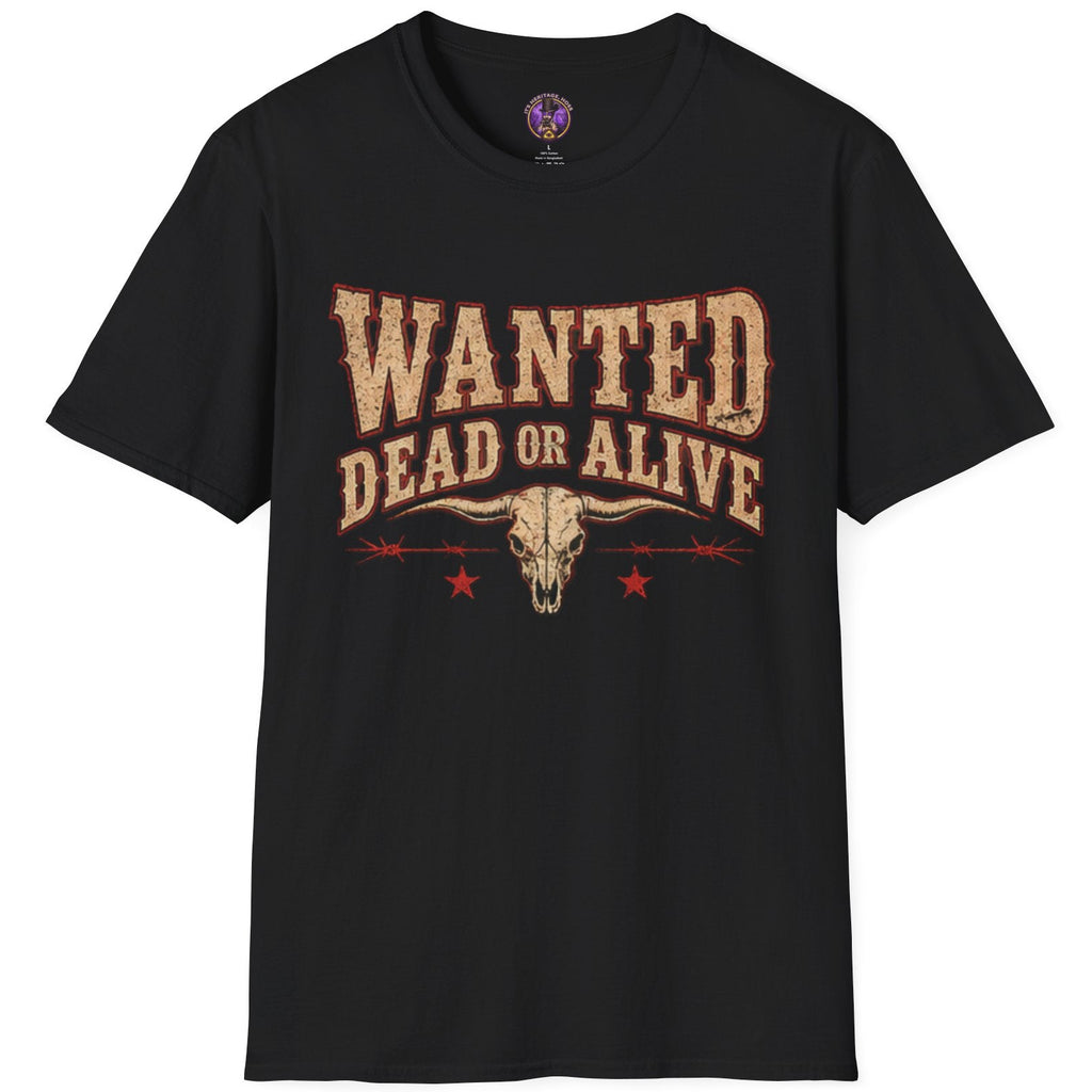 Wanted Dead or Alive Western graphic featuring a weathered cow skull and distressed outlaw-style typography.