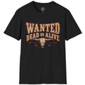 Wanted Dead or Alive Western graphic featuring a weathered cow skull and distressed outlaw-style typography.