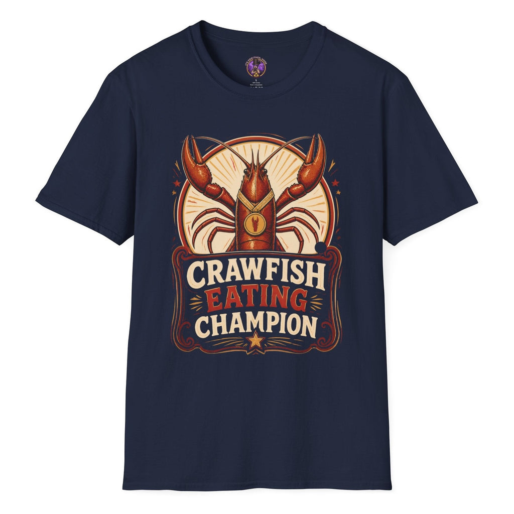 Crawfish Eating Champion retro T-shirt graphic featuring a red crawfish wearing a gold medal with bold vintage competition lettering