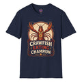Crawfish Eating Champion retro T-shirt graphic featuring a red crawfish wearing a gold medal with bold vintage competition lettering