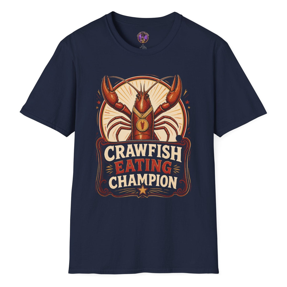 Crawfish Eating Champion retro T-shirt graphic featuring a red crawfish wearing a gold medal with bold vintage competition lettering