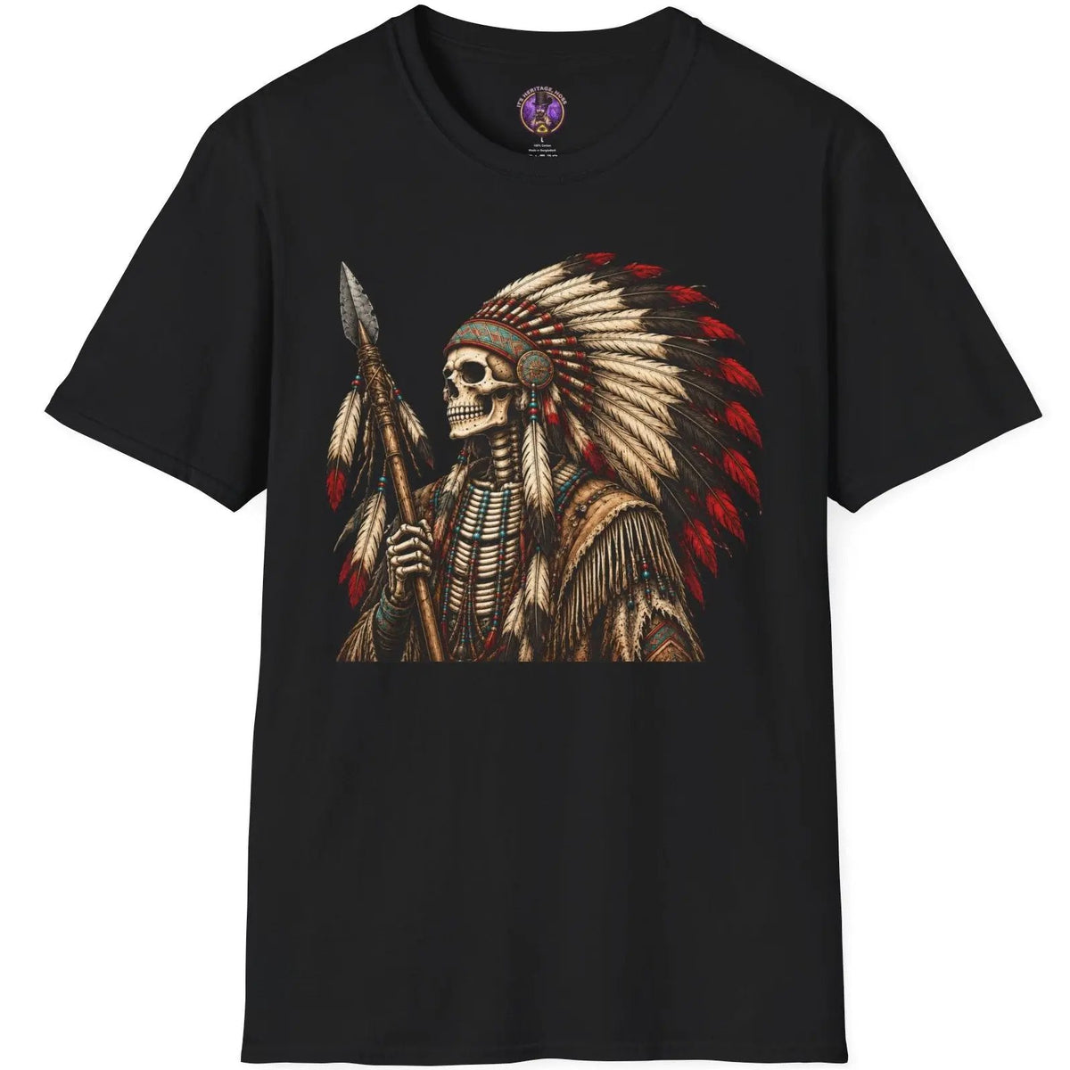 Skeletal warrior wearing an elaborate feathered headdress in detailed distressed vintage gothic artwork