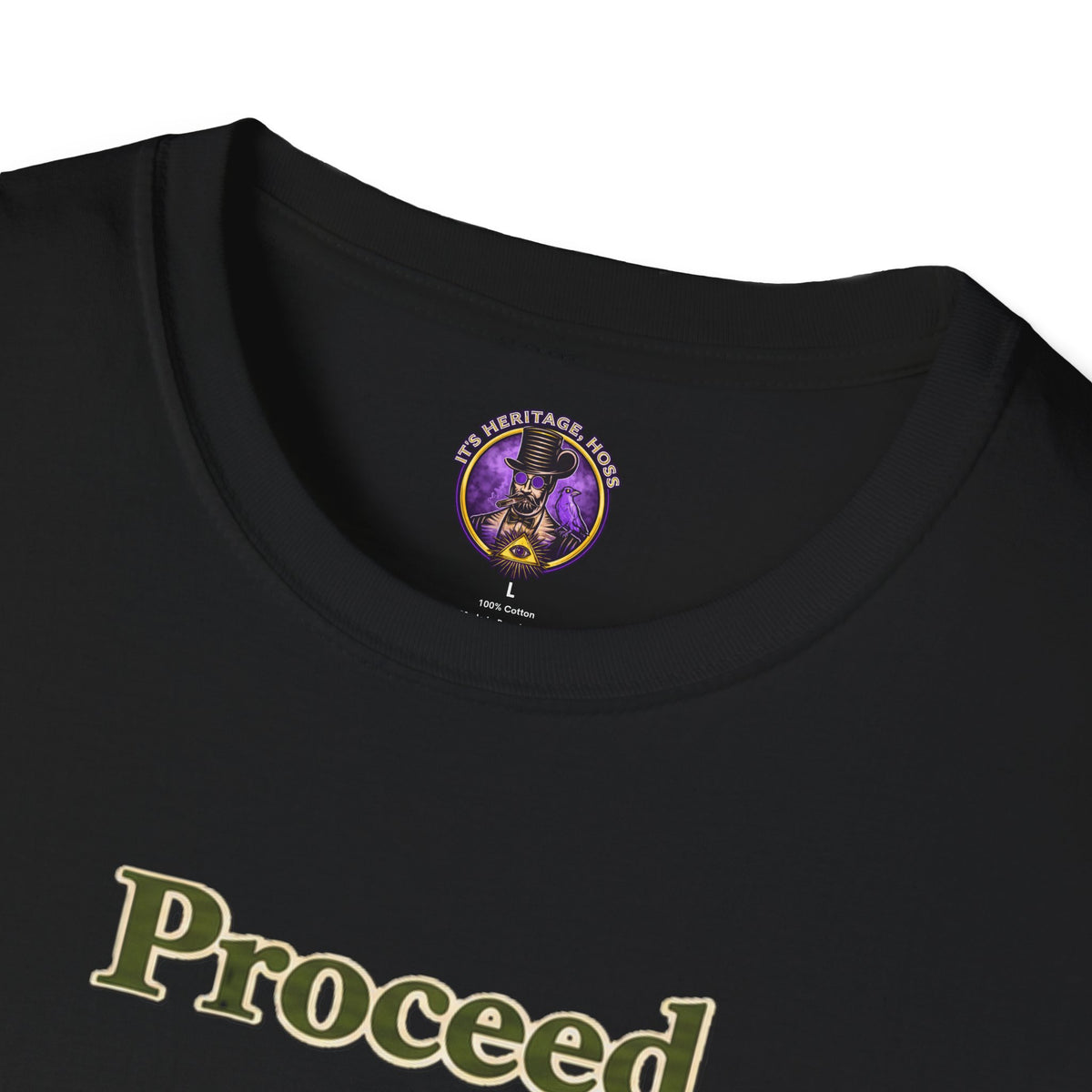 Crew-neck detail of the Proceed Frog shirt — Cute Vintage Frog Illustration Tee.