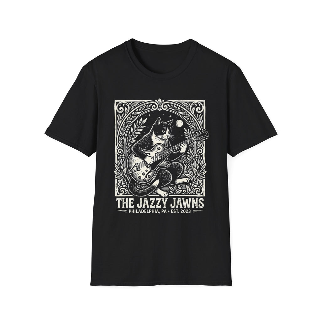 The Jazzy Jawns Guitar Cat T-Shirt front view: A guitar-playing cat sits inside an ornate botanical frame with The Jazzy Jawns lettering below.