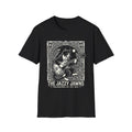 The Jazzy Jawns Guitar Cat T-Shirt front view: A guitar-playing cat sits inside an ornate botanical frame with The Jazzy Jawns lettering below.