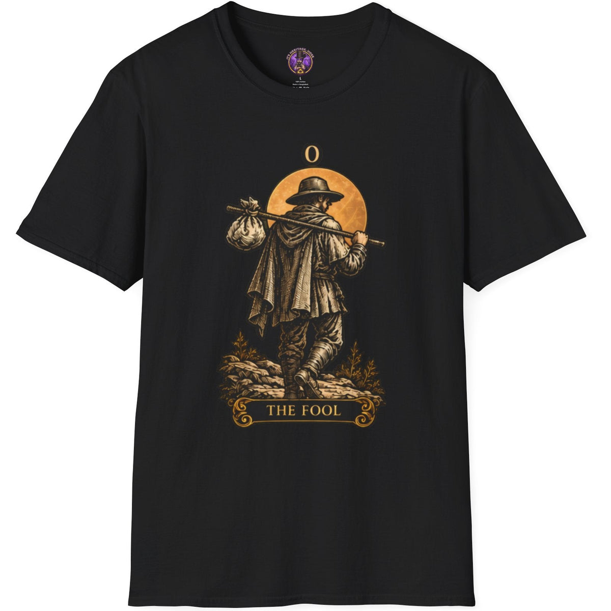Lone wanderer and moonlit orb above The Fool lettering on a tarot graphic T-shirt