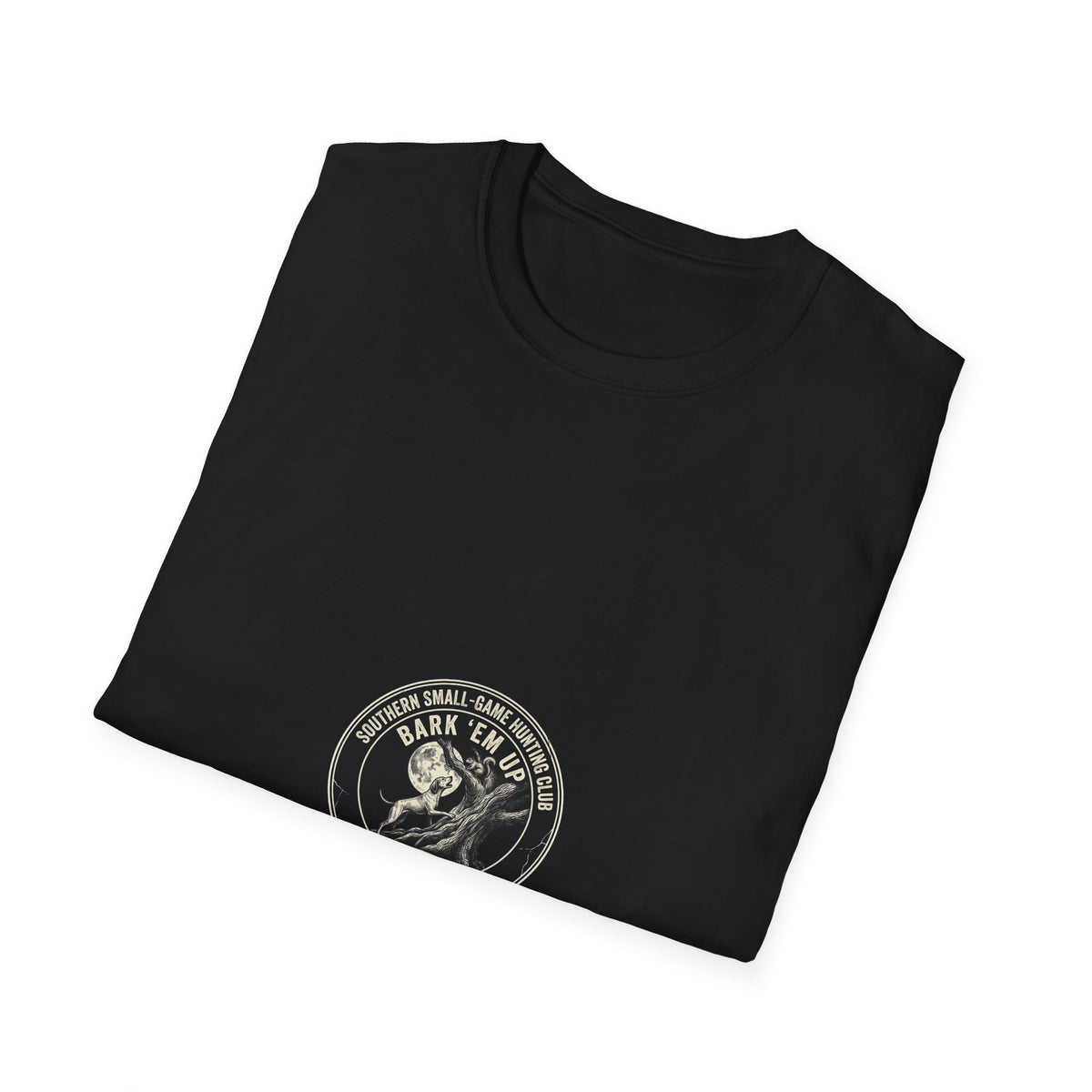 Southern Small-Game Hunting Club graphic featuring tree dog barking at a squirrel in a moonlit tree with vintage distressed lettering.