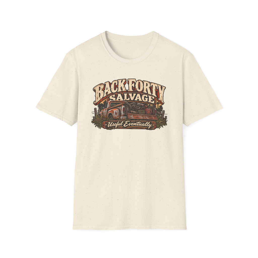 Back Forty Salvage graphic with vintage rural salvage-yard scene on a T-shirt