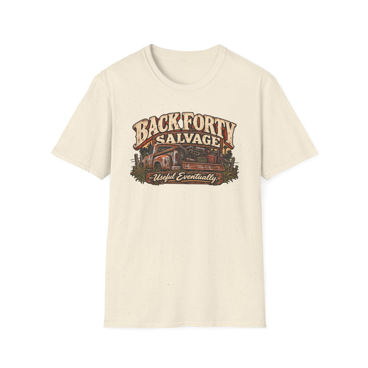 Back Forty Salvage graphic with vintage rural salvage-yard scene on a T-shirt