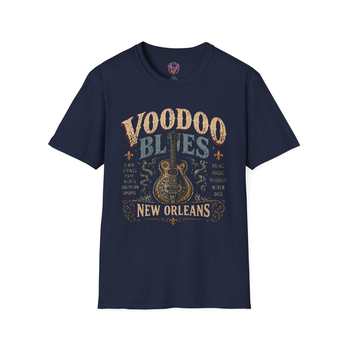 Front view of the Voodoo Blues New Orleans Guitar Tee.