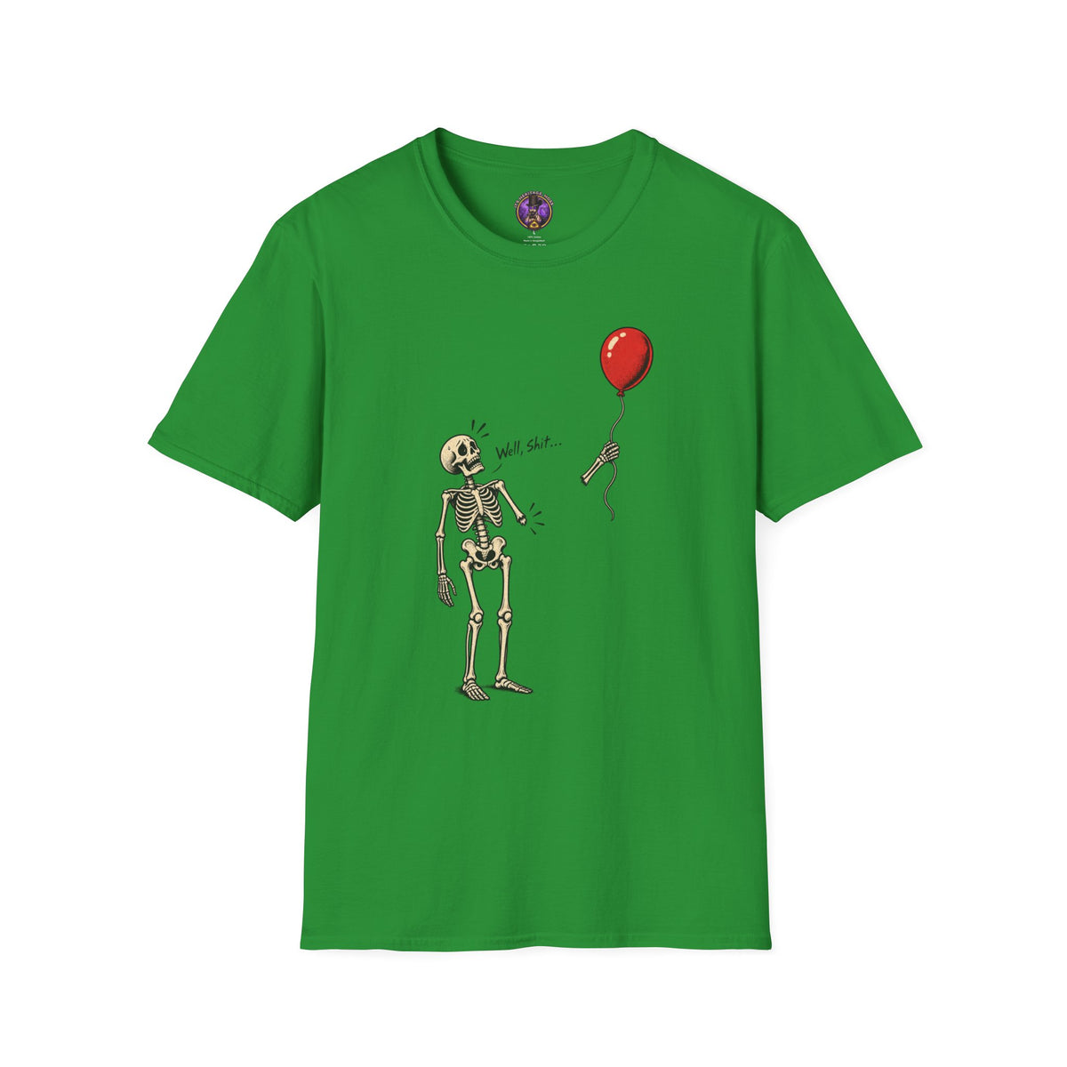 Front view of the Well Shit Skeleton Balloon Halloween shirt.