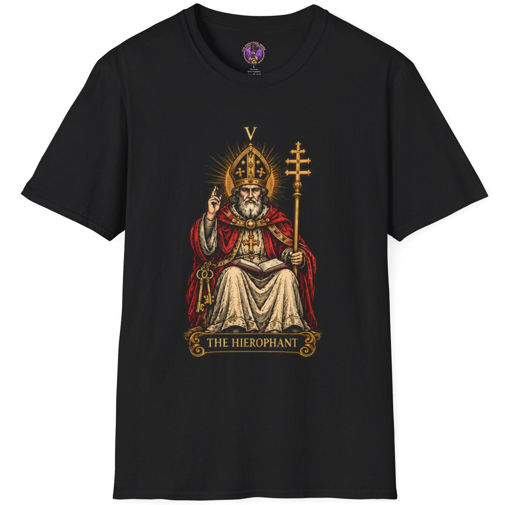 Seated Hierophant tarot figure in crimson and gold on a graphic T-shirt