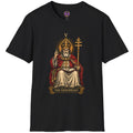 Seated Hierophant tarot figure in crimson and gold on a graphic T-shirt