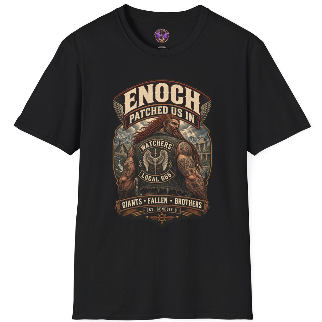 Enoch Patched Us In graphic featuring a tattooed Nephilim wearing a Watchers Local 666 vest with ancient ruins behind him