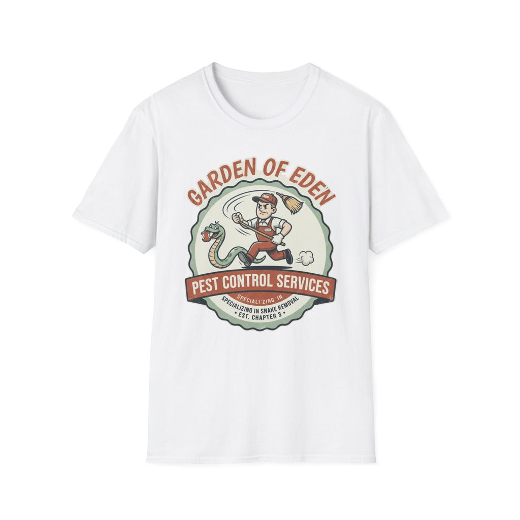 Garden of Eden Pest Control T-Shirt front view: A retro service mascot chases an apple-carrying serpent with a broom inside a vintage trade badge.