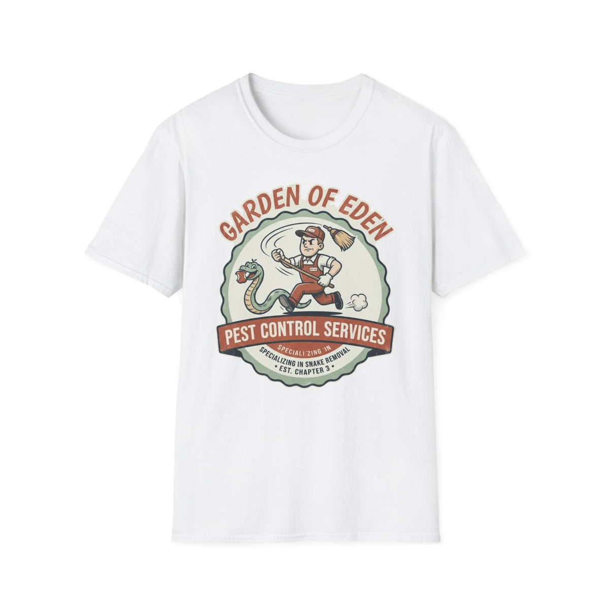 Garden of Eden Pest Control T-Shirt front view: A retro service mascot chases an apple-carrying serpent with a broom inside a vintage trade badge.
