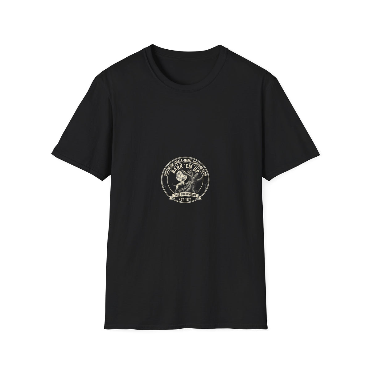 Southern Small-Game Hunting Club graphic featuring tree dog barking at a squirrel in a moonlit tree with vintage distressed lettering.