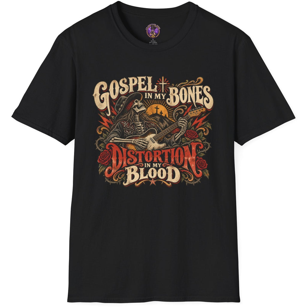 Southern rock graphic with skeleton musician and electric guitar reading Gospel in My Bones, Distortion in My Blood.