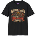 Southern rock graphic with skeleton musician and electric guitar reading Gospel in My Bones, Distortion in My Blood.