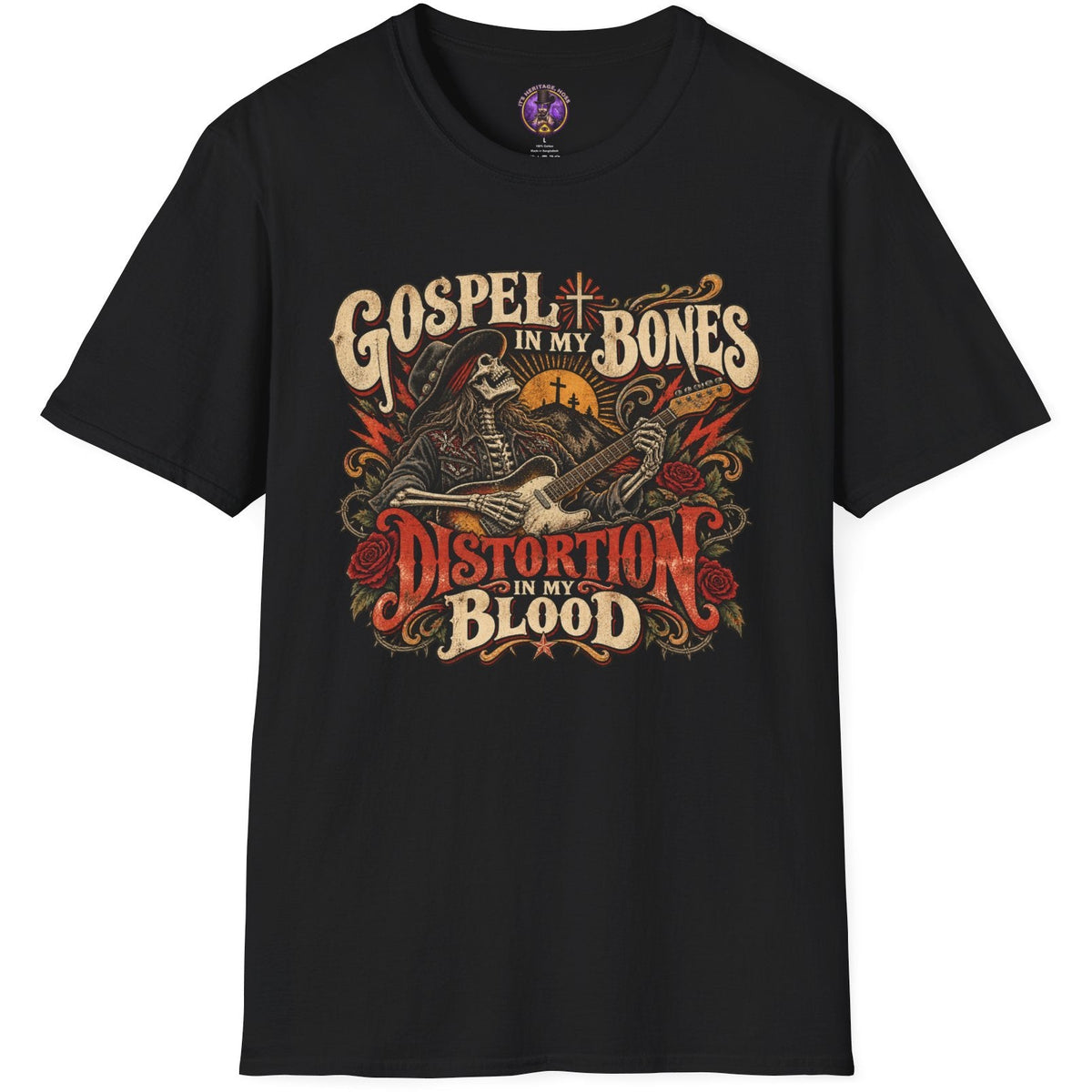 Southern rock graphic with skeleton musician and electric guitar reading Gospel in My Bones, Distortion in My Blood.