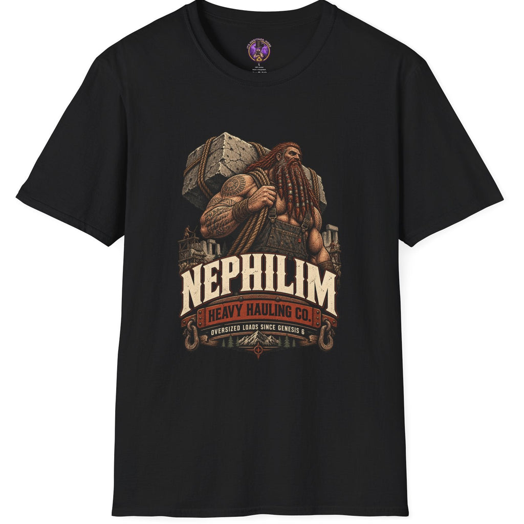 Nephilim Heavy Hauling Co graphic with a massive Genesis 6 giant carrying an enormous stone block at an ancient construction site